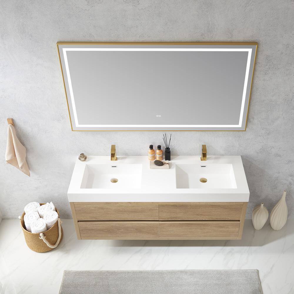 Double Sink Wall-Mount Bath Vanity Composite Integral Sink Top and Mirror. Picture 5