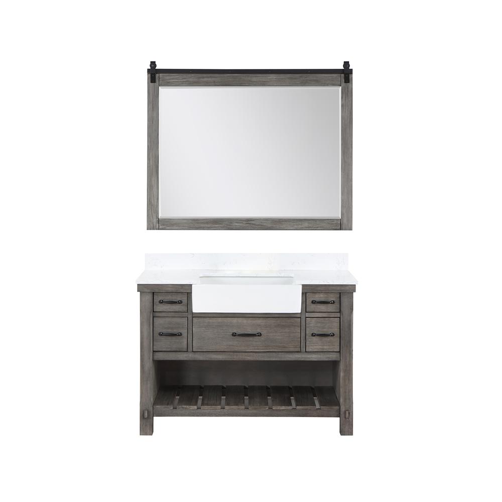 Single Bath Vanity with Composite Stone Top, White Farmhouse Basin and Mirror. Picture 2