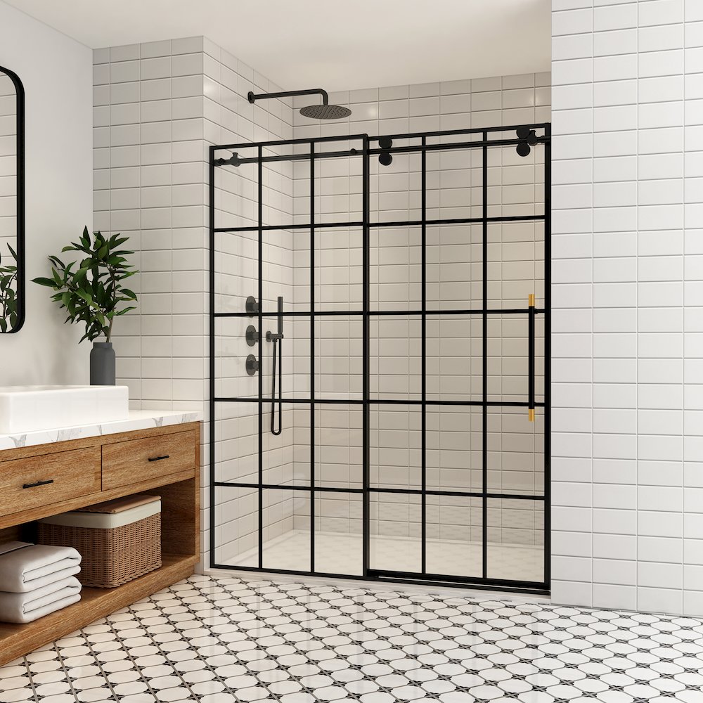 Puente 64" W x 78" H Single Sliding Frameless Shower Door in Matte Black. Picture 2