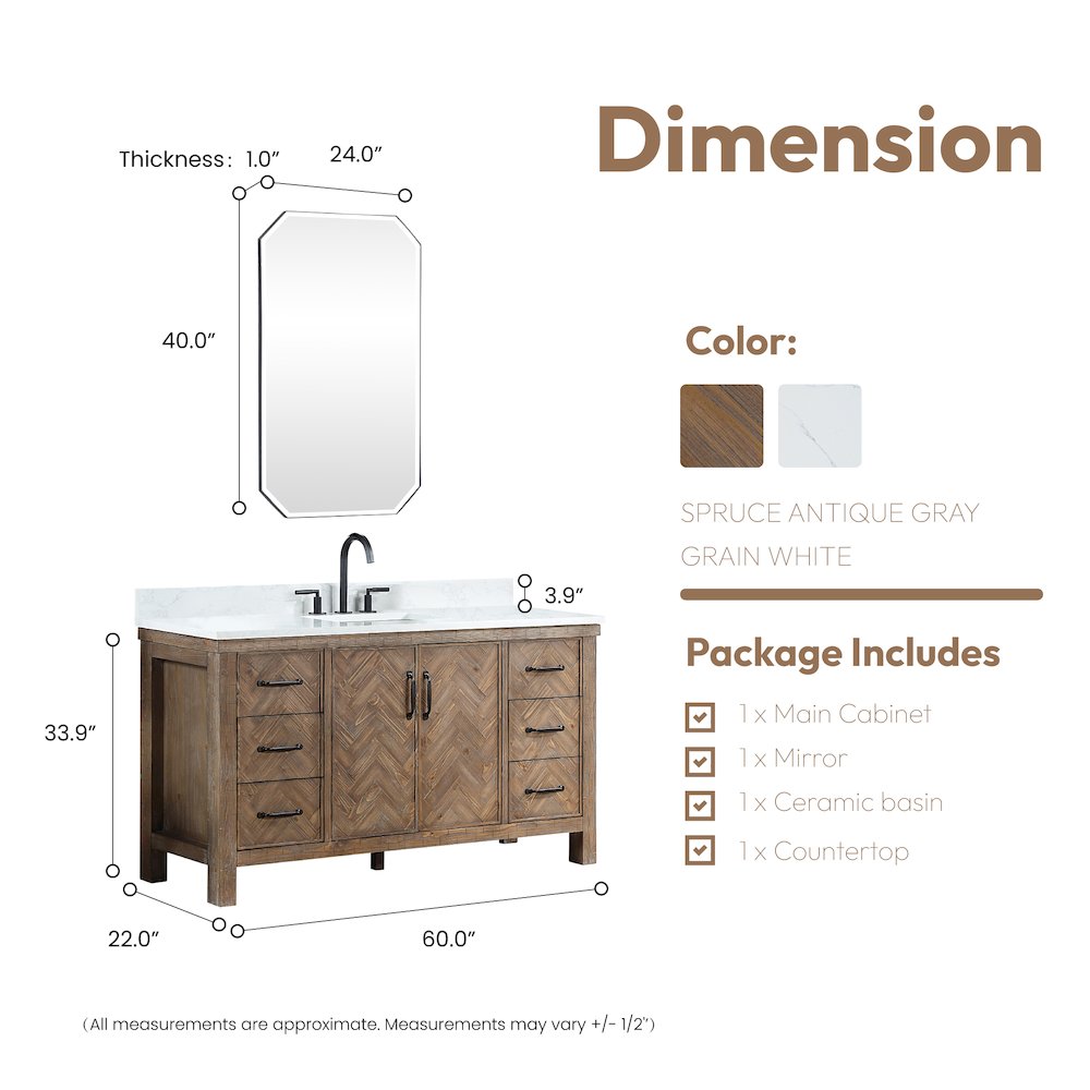 Javier 60" Free-standing Single Bath Vanity in Spruce Antique Gray. Picture 17