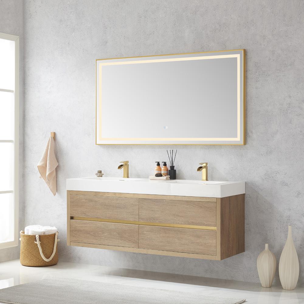 Double Sink Wall-Mount Bath Vanity Composite Integral Sink Top and Mirror. Picture 4