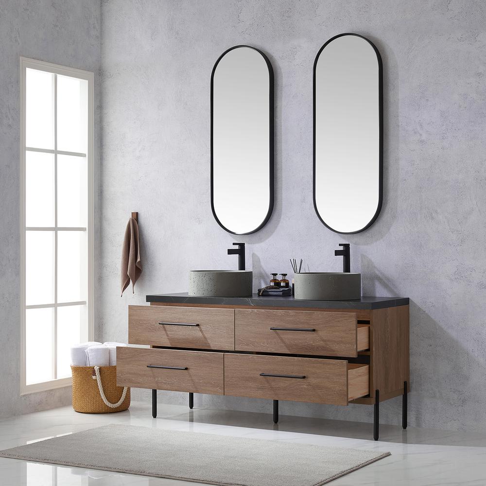 Double Sink Bath Vanity with Sintered Stone Top with Concrete Sink and Mirror. Picture 6