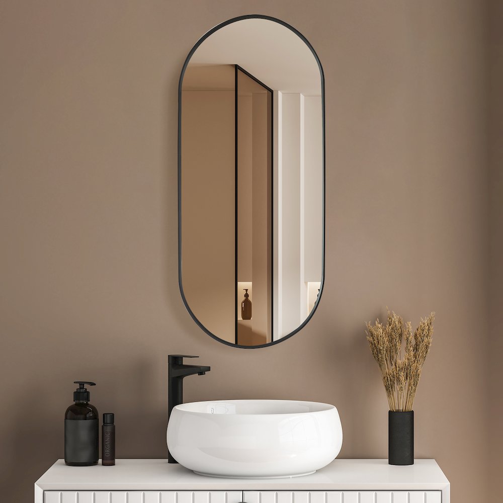 Oval Aluminum Framed Wall Mount Bathroom Vanity Mirror in Brushed Black. Picture 5
