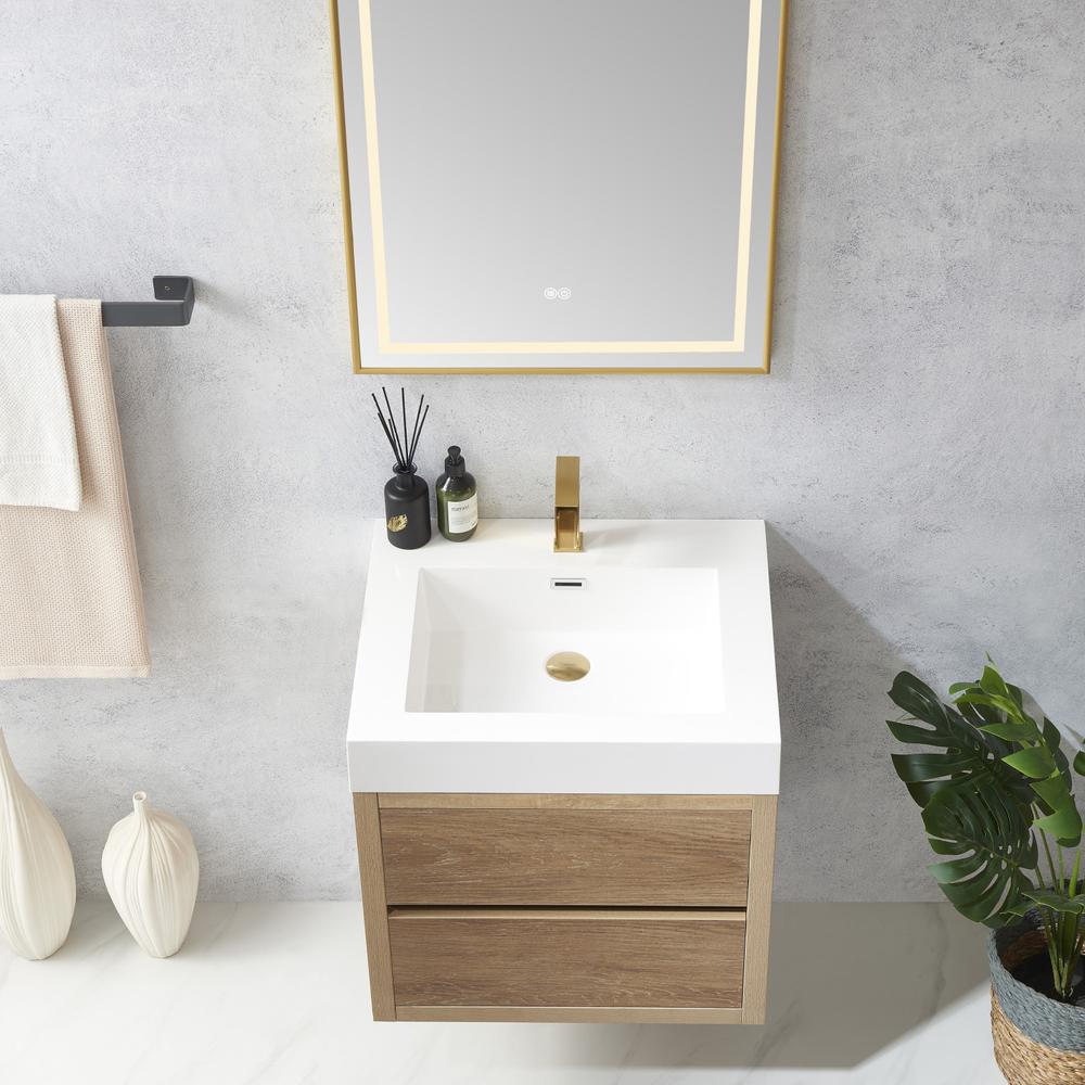 Single Sink Wall-Mount Bath Vanity Composite Integral Square Sink Top, Mirror. Picture 5