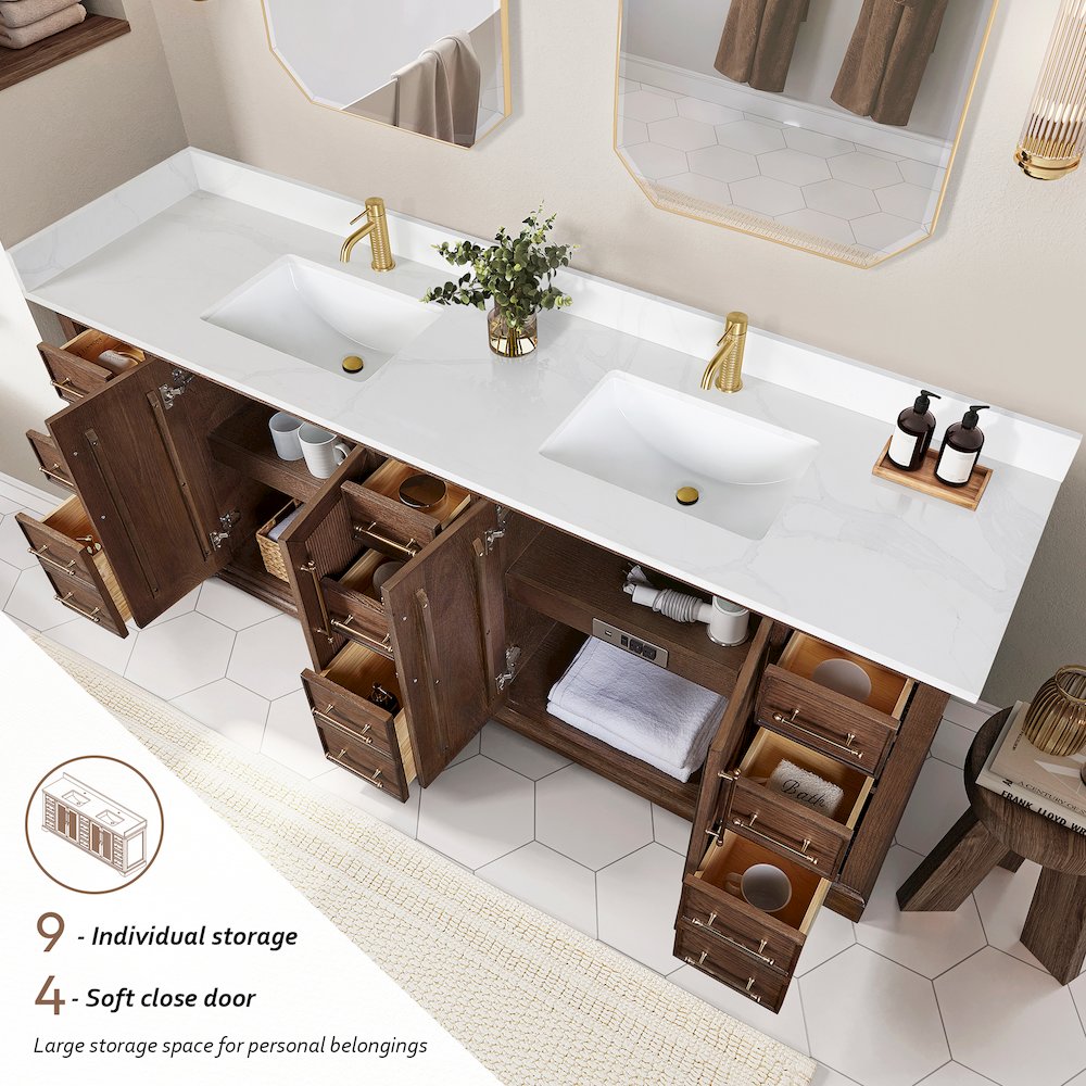 Tokyo 84" Freestanding Double Bath Vanity in Aged Dark Brown Oak. Picture 8
