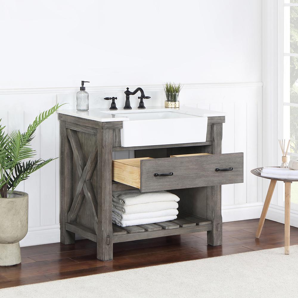 Single Bath Vanity with Composite Stone Top, White Farmhouse Basin. Picture 6