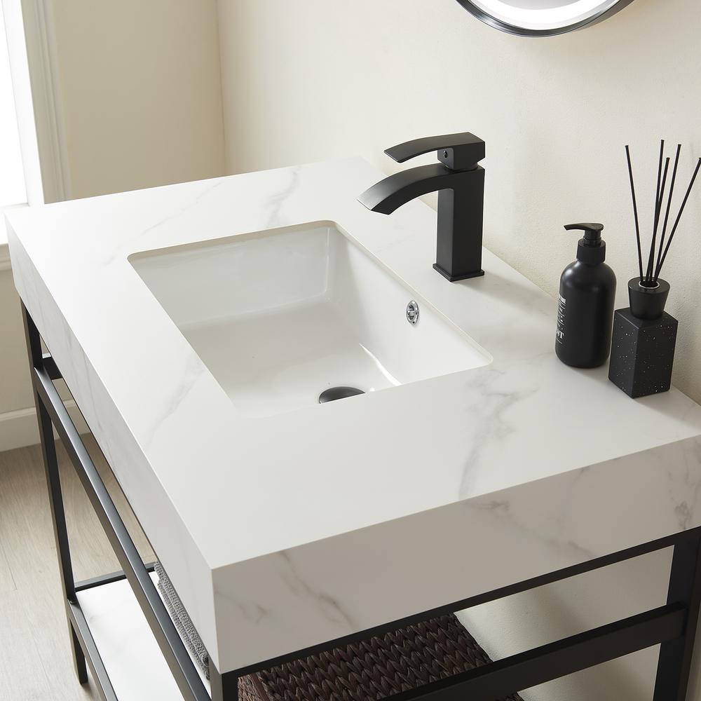 Single Sink Bath Vanity Metal Support with White Sintered Stone Top and Mirror. Picture 6