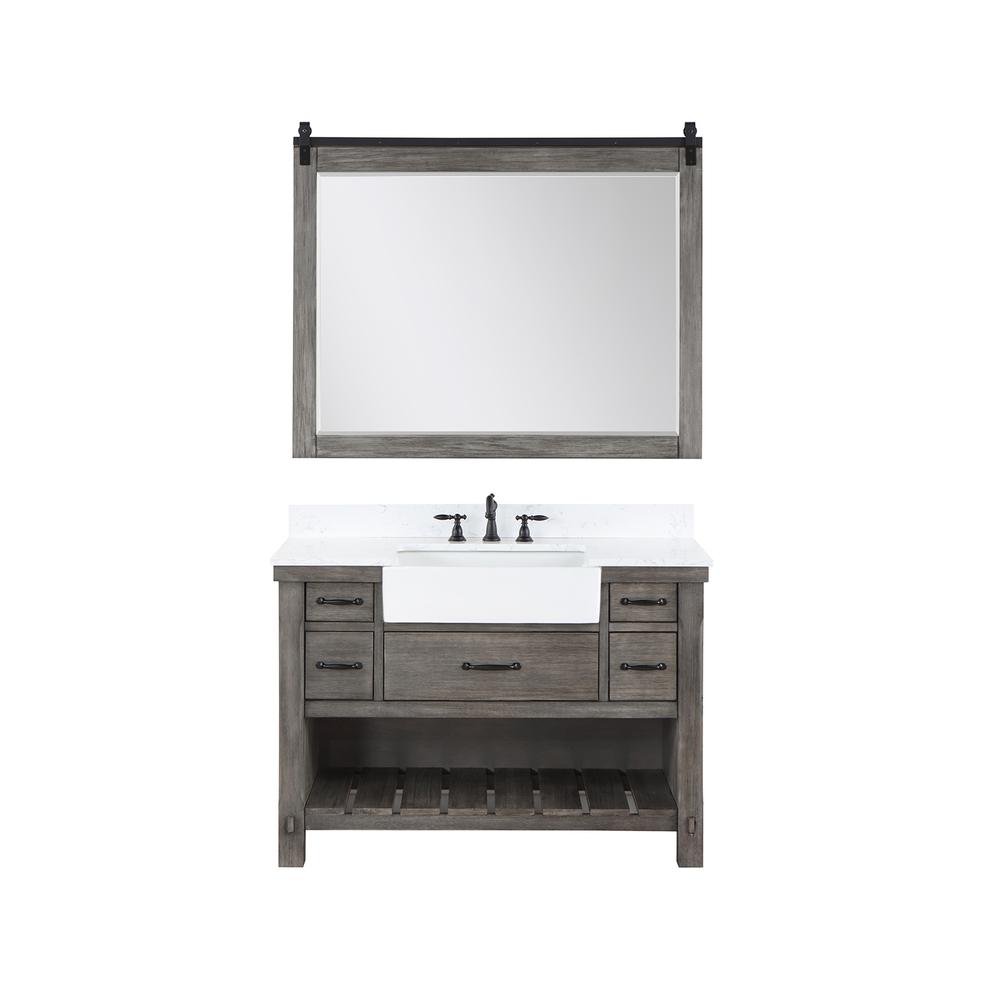Single Bath Vanity with Composite Stone Top, White Farmhouse Basin and Mirror. Picture 1