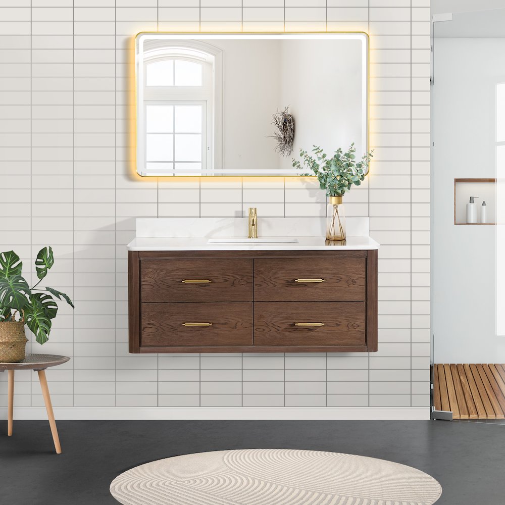 Cristo 48" Floating Single Bath Vanity in Aged Dark Brown Oak. Picture 3