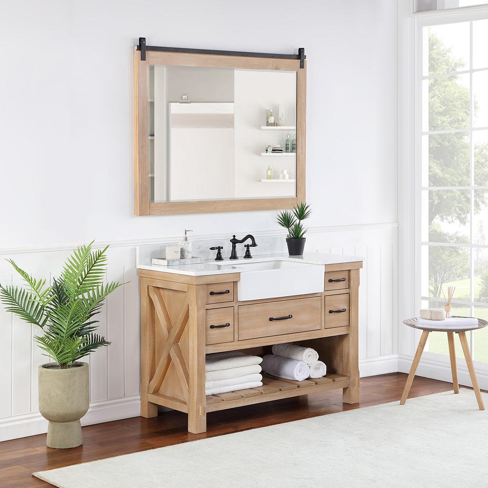Single Bath Vanity with Composite Stone Top, White Farmhouse Basin and Mirror. Picture 5