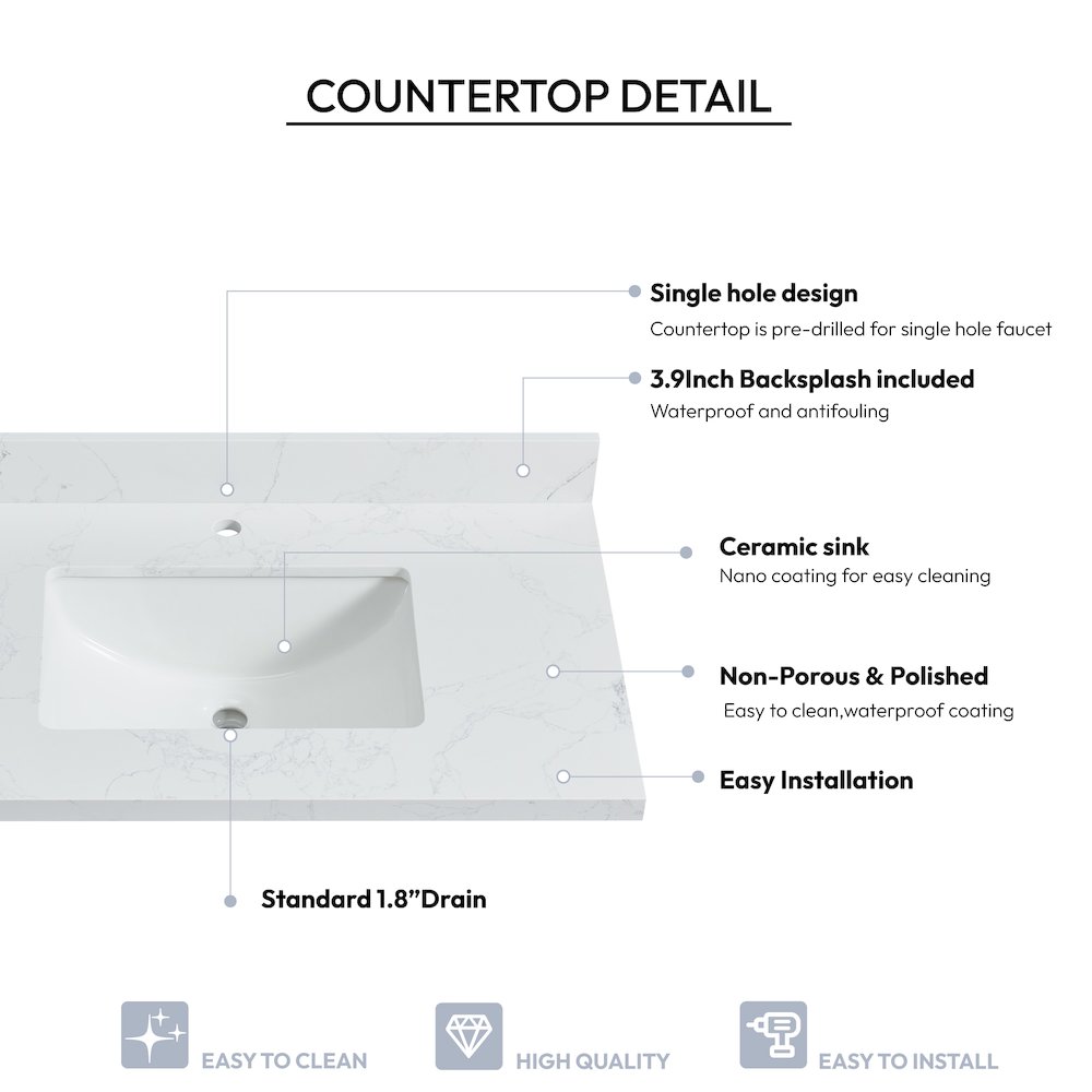 Composite Stone Vanity Top in Grain White with White Rectangular Single Sink. Picture 4