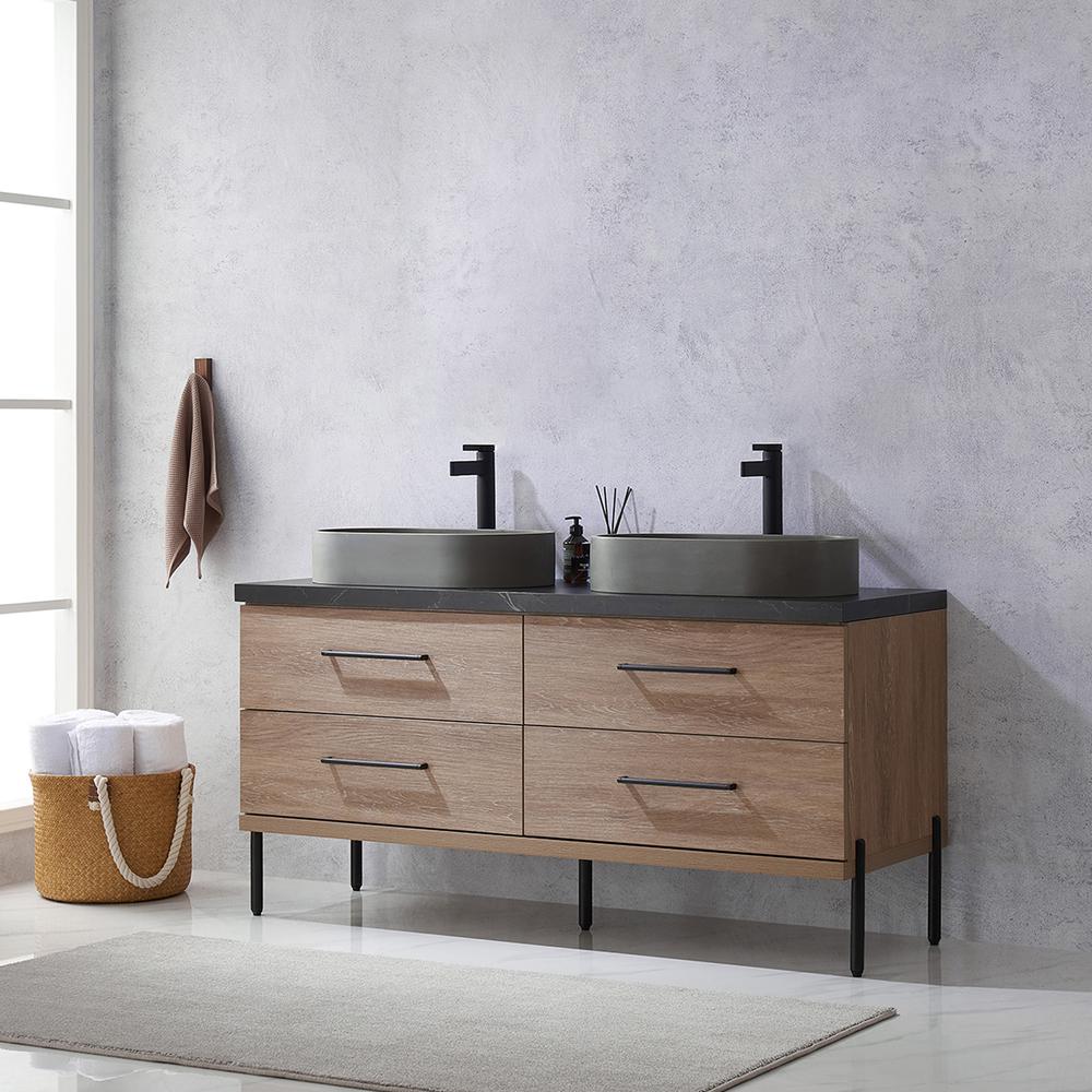 Double Sink Bath Vanity with Black Sintered Stone Top with Concrete Sink. Picture 5