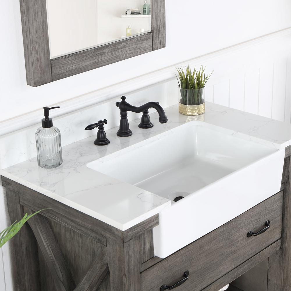 Single Bath Vanity with Composite Stone Top, White Farmhouse Basin and Mirror. Picture 8