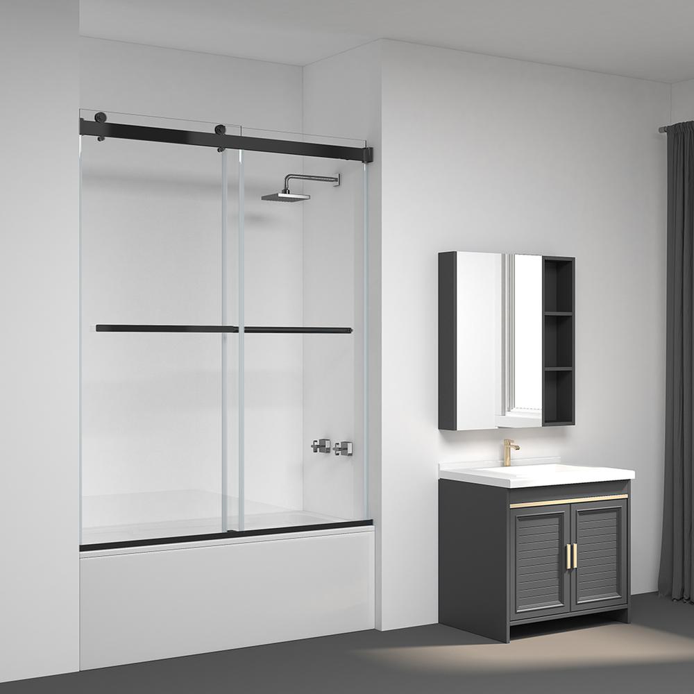 Spezia 60" W x 58" H Double Sliding Frameless Tub Door in Matte Black. Picture 2