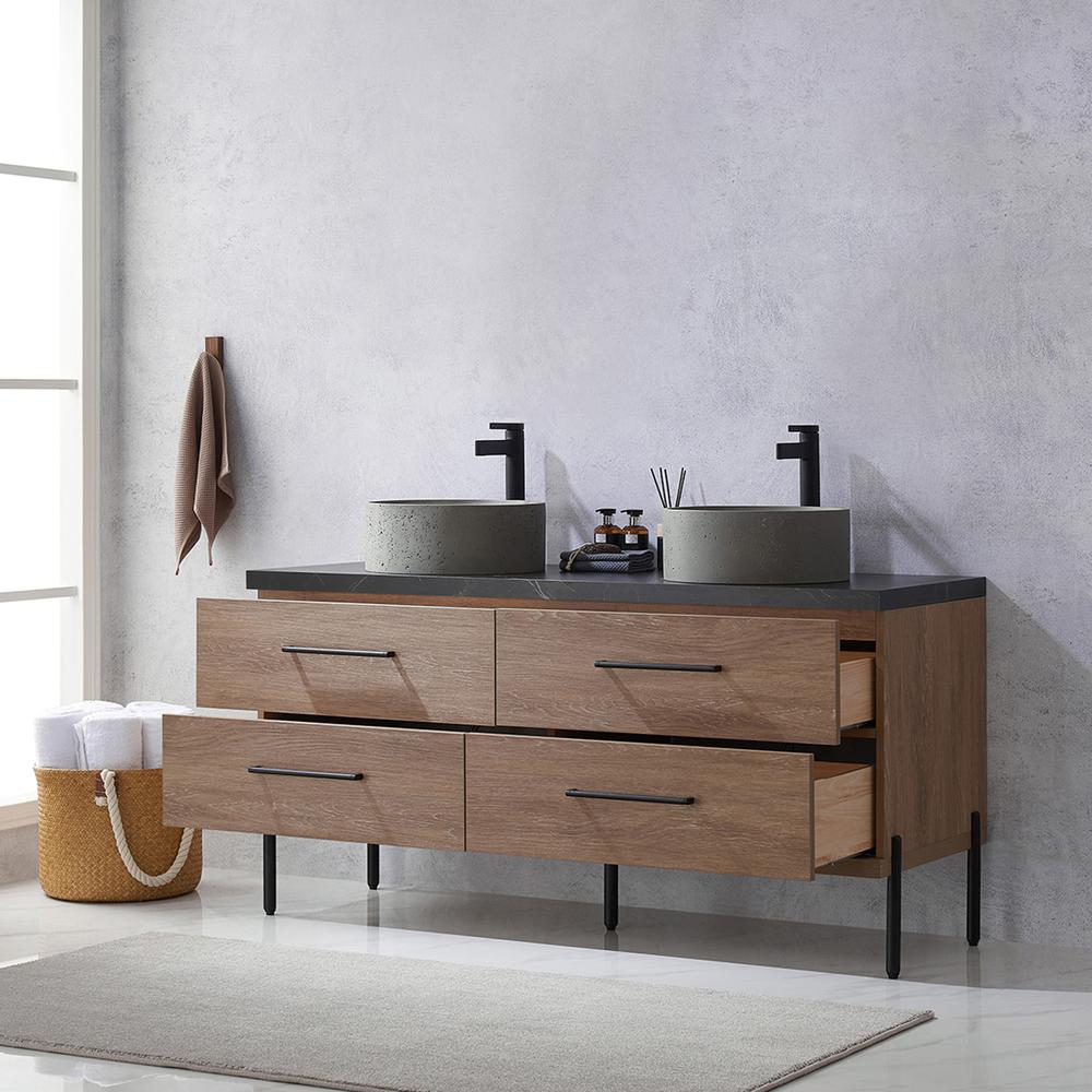Double Sink Bath Vanity with Black Sintered Stone Top with Concrete Sink. Picture 7