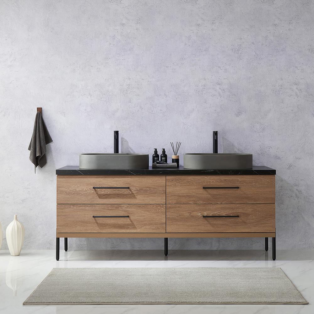 Double Sink Bath Vanity with Black Sintered Stone Top with Concrete Sink. Picture 4