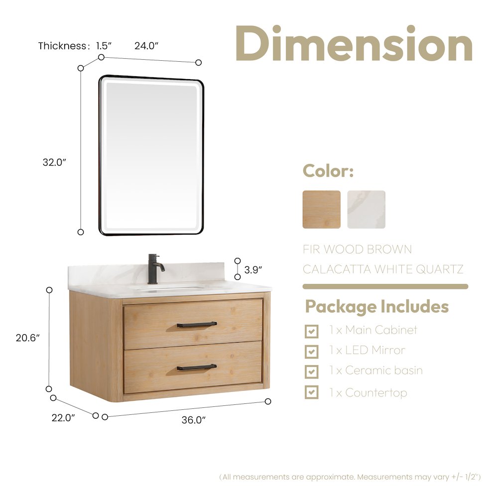 Cristo 36" Floating Single Bath Vanity in Fir Wood Brown. Picture 17