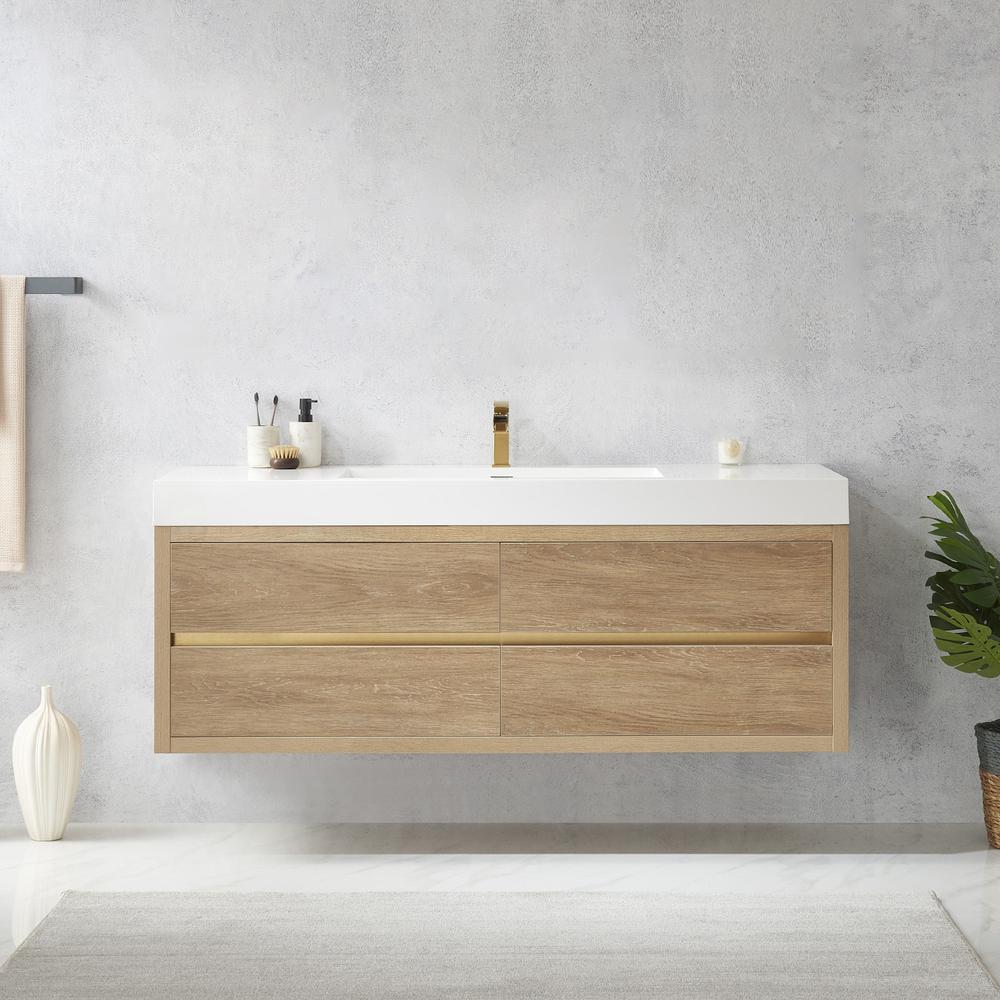 Single Sink Wall-Mount Bath Vanity with Composite Integral Square Sink Top. Picture 3