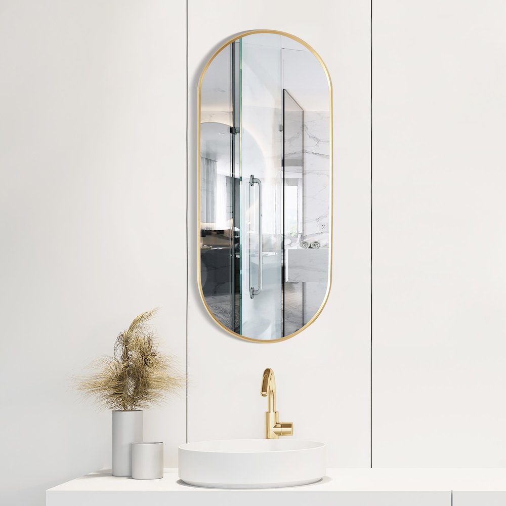 Oval Aluminum Framed Wall Mount Bathroom Vanity Mirror in Brushed Gold. Picture 5