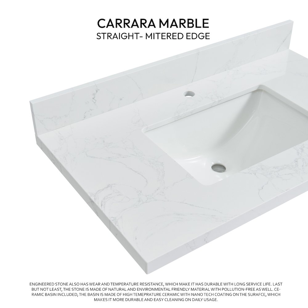 Composite Stone Vanity Top in Grain White with White Rectangular Single Sink. Picture 2