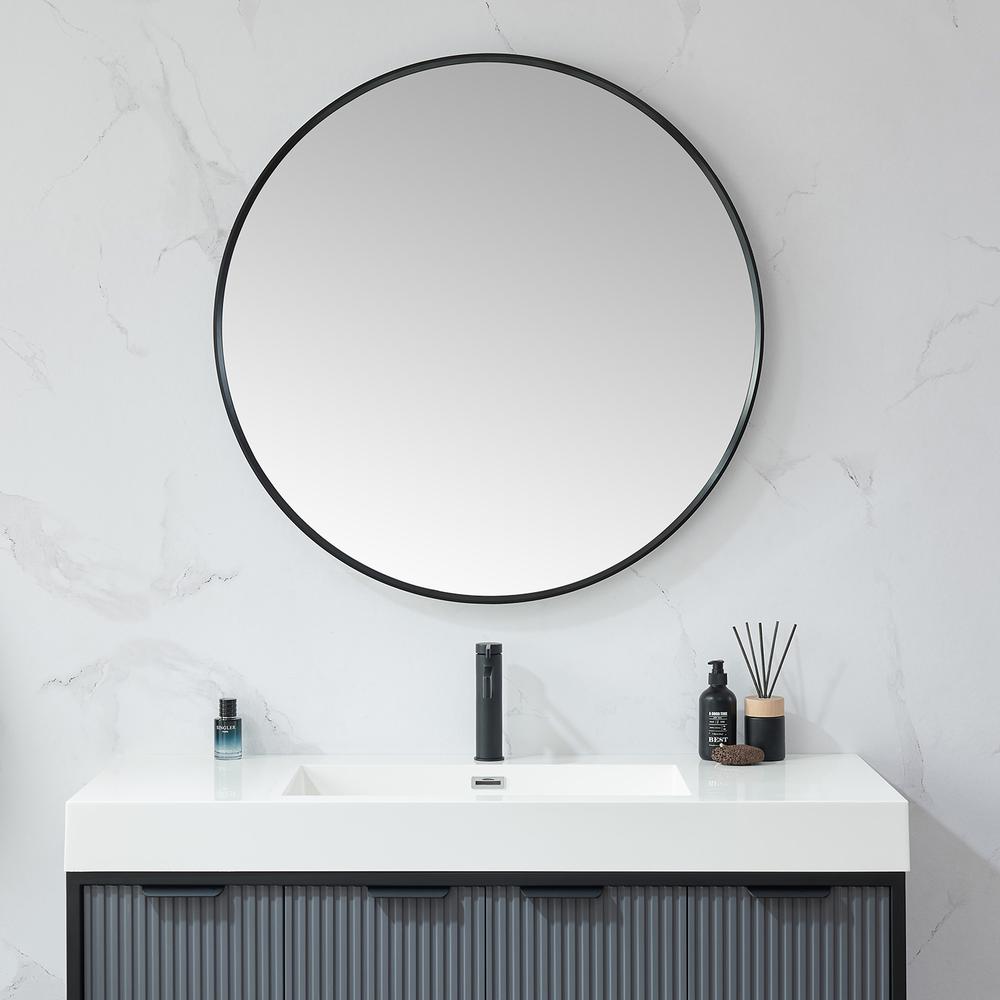 Cascante 35.4 in. W x 35.4 in. H Round Metal Wall Mirror in Brushed Black. Picture 7