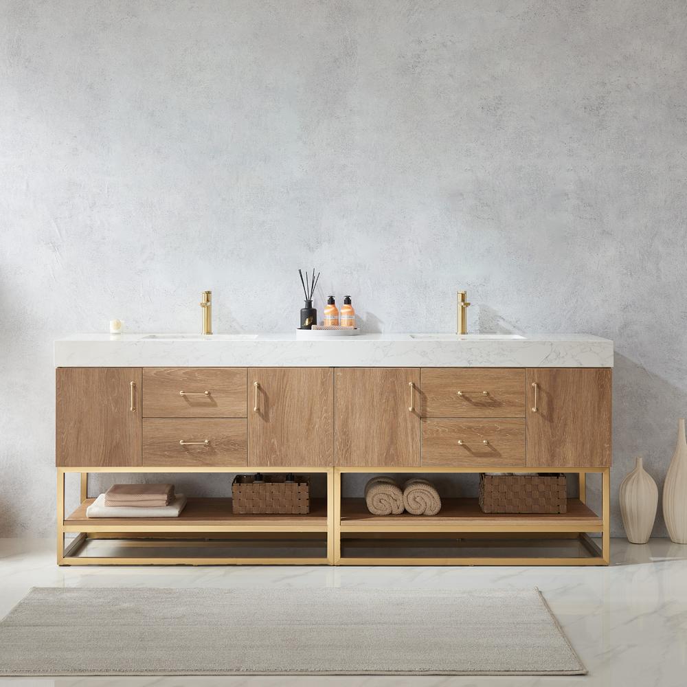 84" Double Sink Bath Vanity with White Grain Stone Countertop. Picture 3