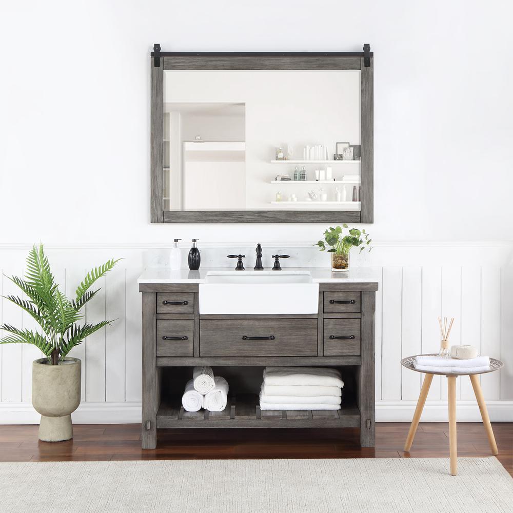 Single Bath Vanity with Composite Stone Top, White Farmhouse Basin and Mirror. Picture 8