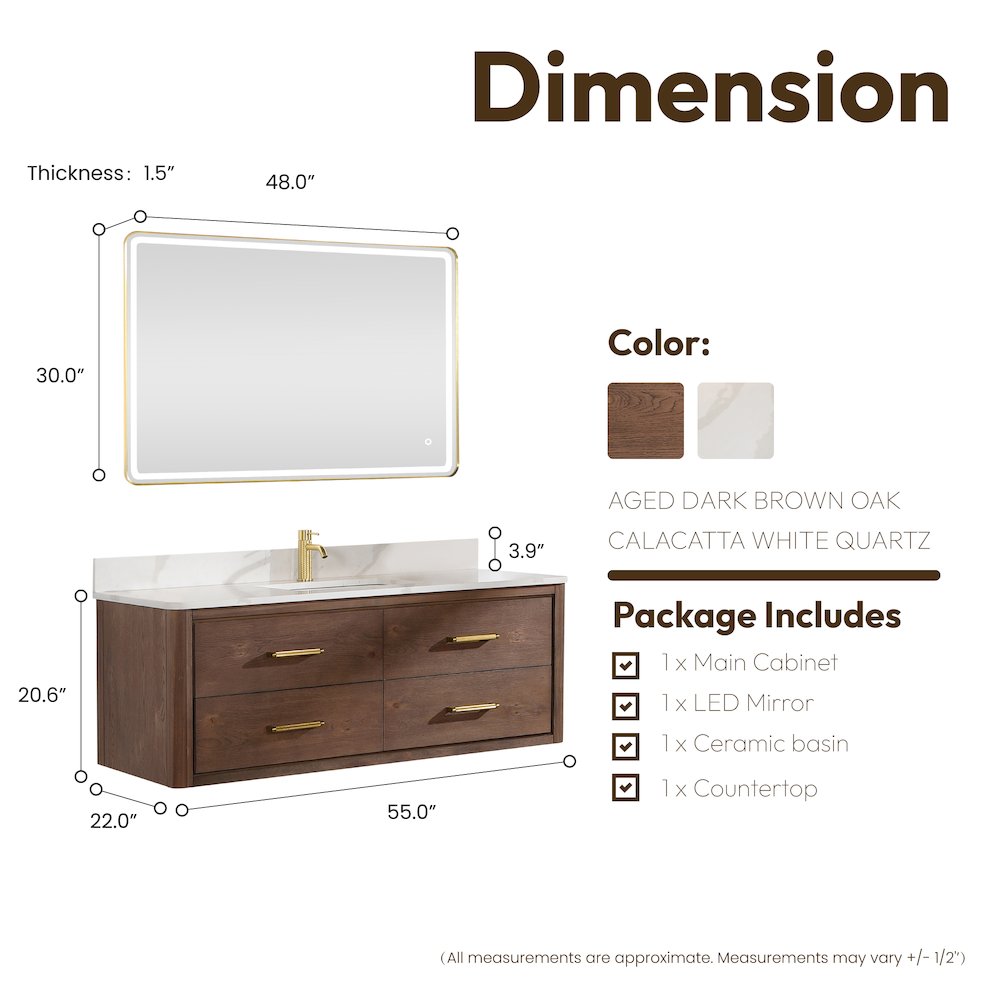 Cristo 55" Floating Single Bath Vanity in Aged Dark Brown Oak. Picture 17