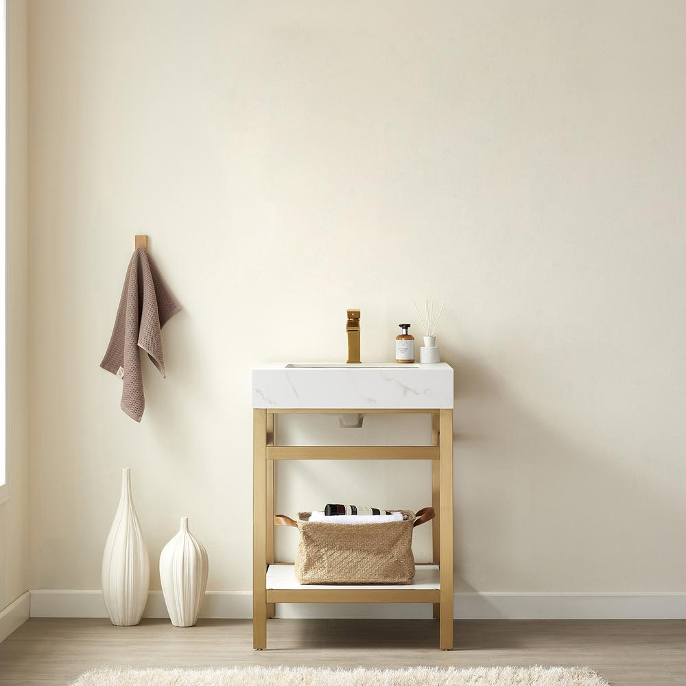 Single Sink Bath Vanity Metal Support with White Sintered Stone Top. Picture 3