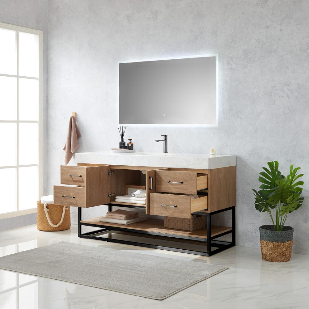 60BS" Single Sink Bath Vanity with White Grain Stone Countertop and Mirror. Picture 5