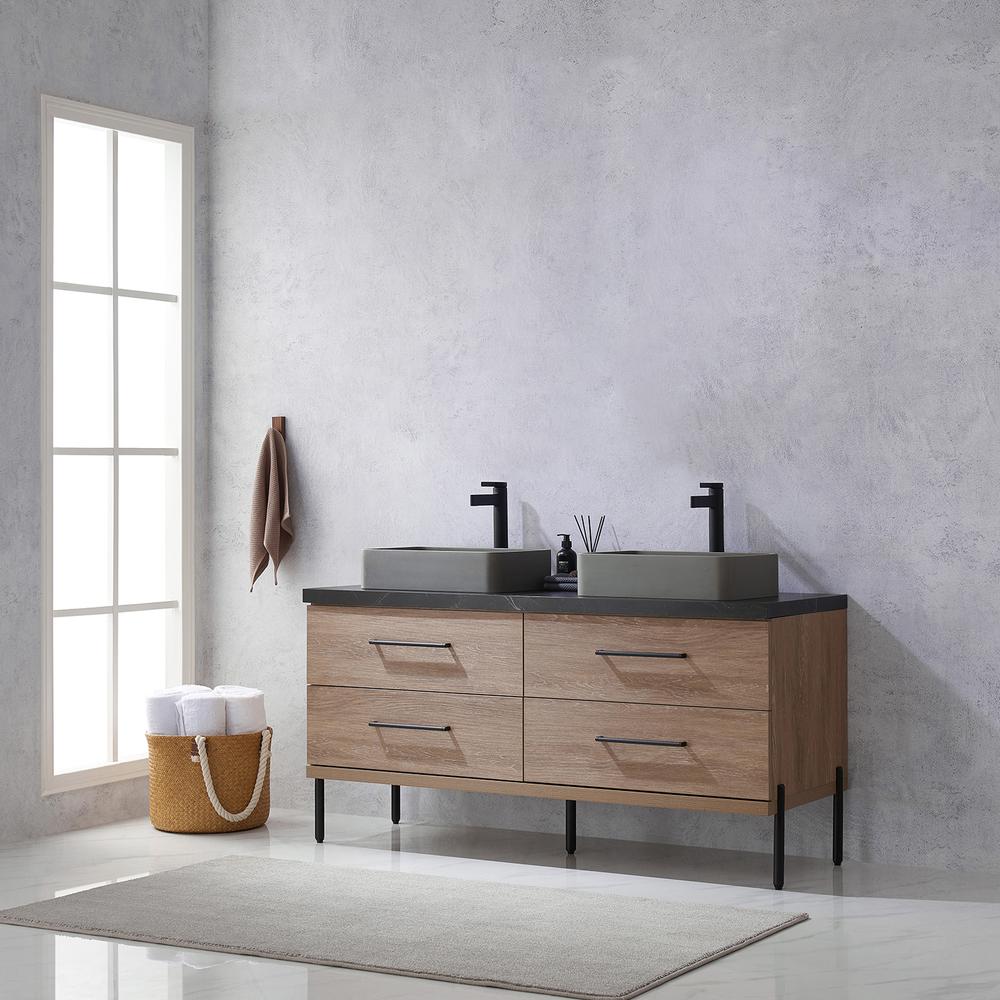 Double Sink Bath Vanity with Black Sintered Stone Top with Concrete Sink. Picture 14