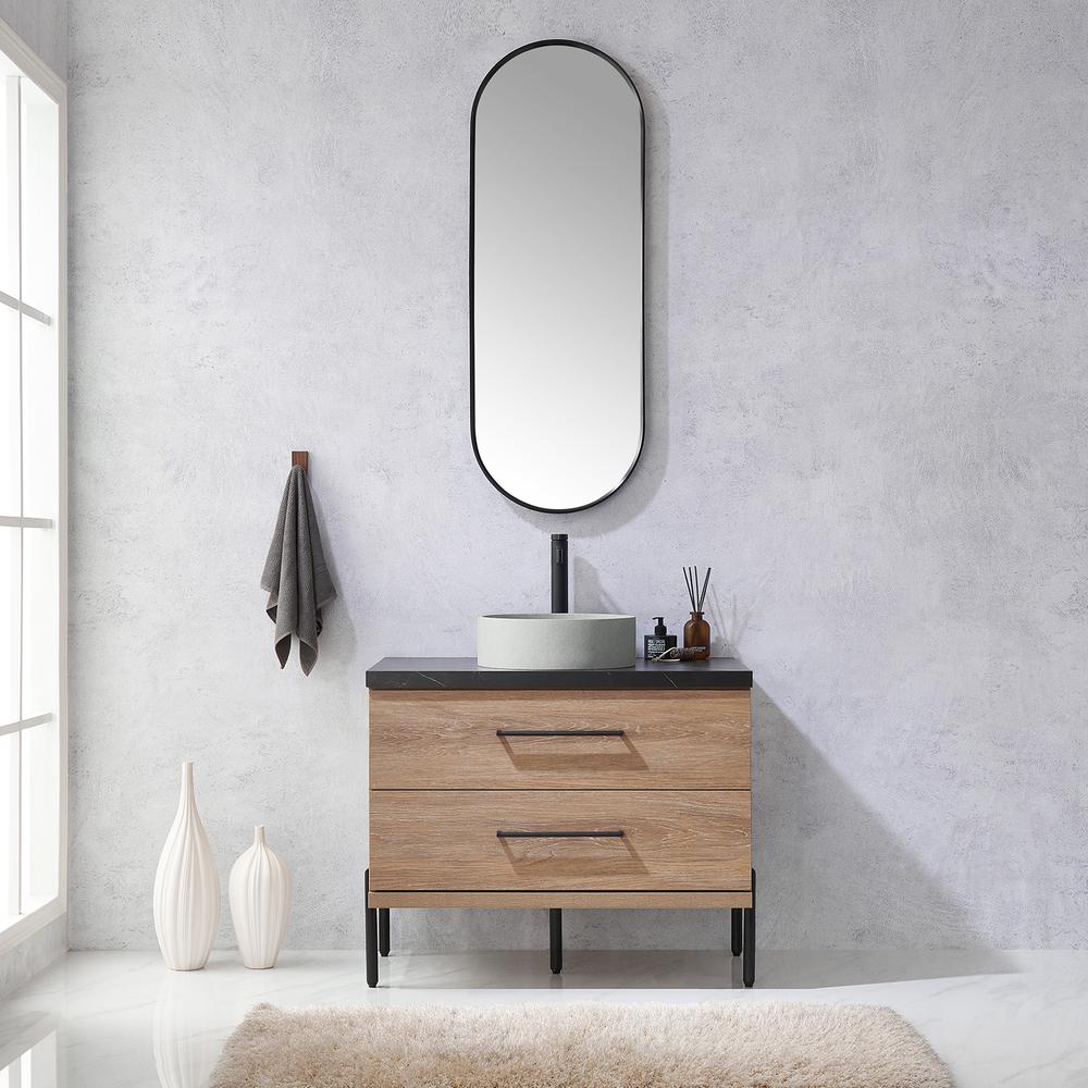 Single Sink Bath Vanity with Sintered Stone Top with Concrete Sink and Mirror. Picture 4
