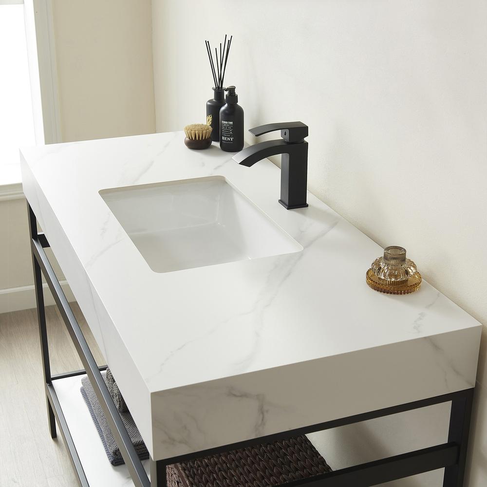 Single Sink Bath Vanity Metal Support with White Sintered Stone Top. Picture 3