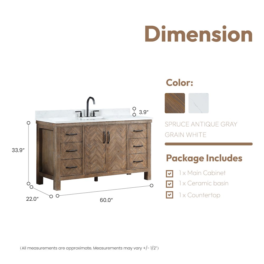 Javier 60" Free-standing Single Bath Vanity in Spruce Antique Gray. Picture 17
