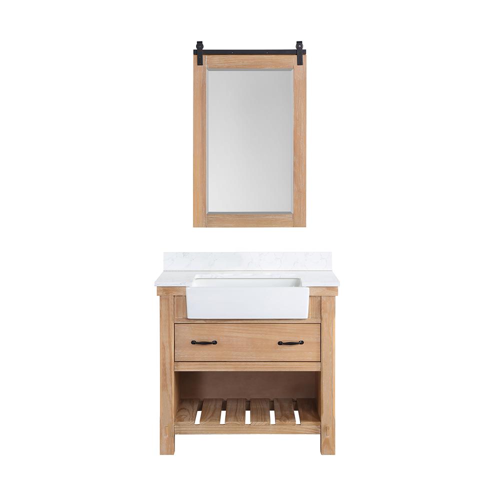 Single Bath Vanity with Composite Stone Top, White Farmhouse Basin and Mirror. Picture 2