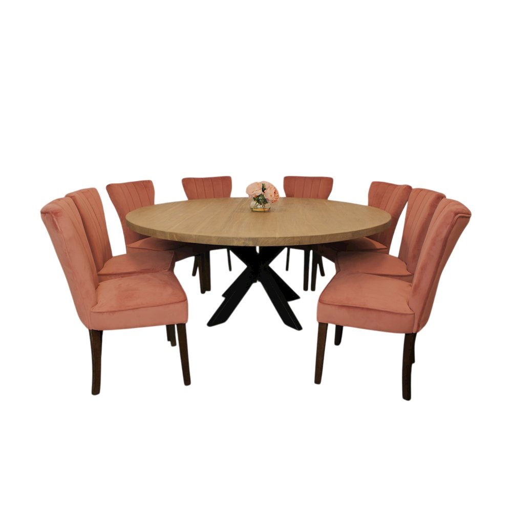 9-Piece 72 Dining Set 8 Cleo Dining Chairs Blush Velvet Fabric Dark Brown Legs. Picture 1