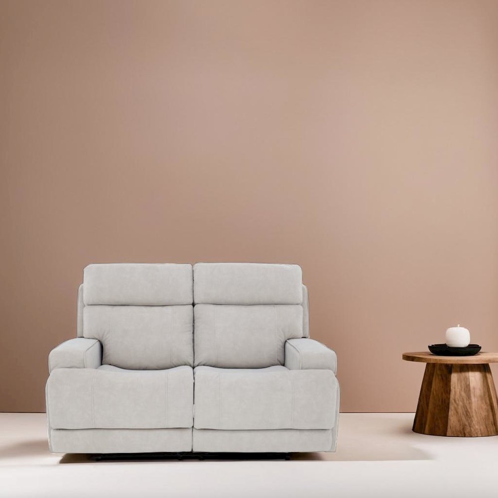 Gray Leather Loveseat with Power Recline and Adjustable Headrests for Comfort. Picture 2