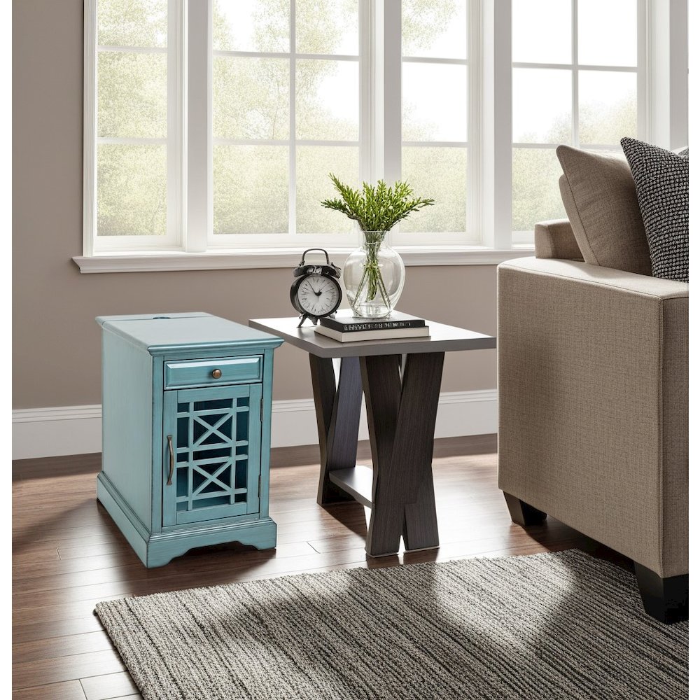 Blue Chairside End Table with USB Charging Ports, Acacia, Glass Construction. Picture 13