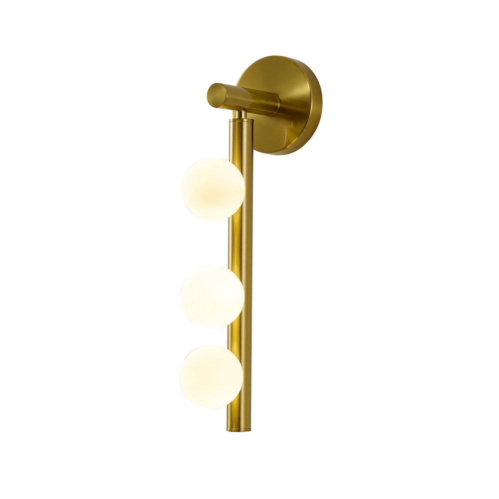 3-Light Satin Brass Metal Wall Sconce With Whtie Glass Shades. Picture 1