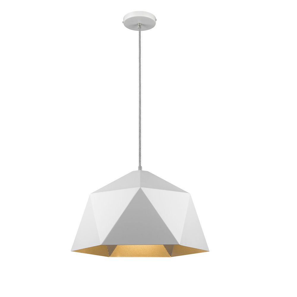 1-Light White Metal Shade Pendant With A Gold Interior. Picture 1