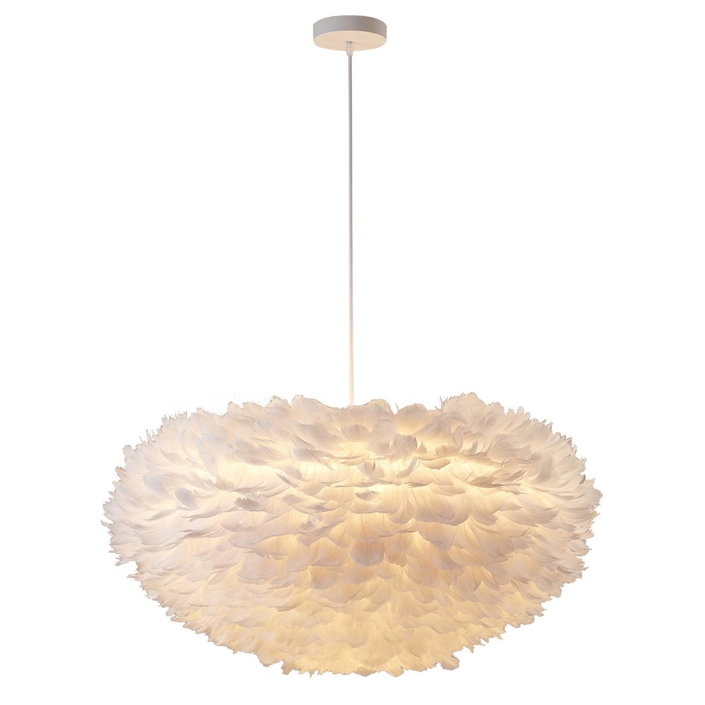 1-Light Light White Goose Fether Chandelier With A White Iron Frame. Picture 1