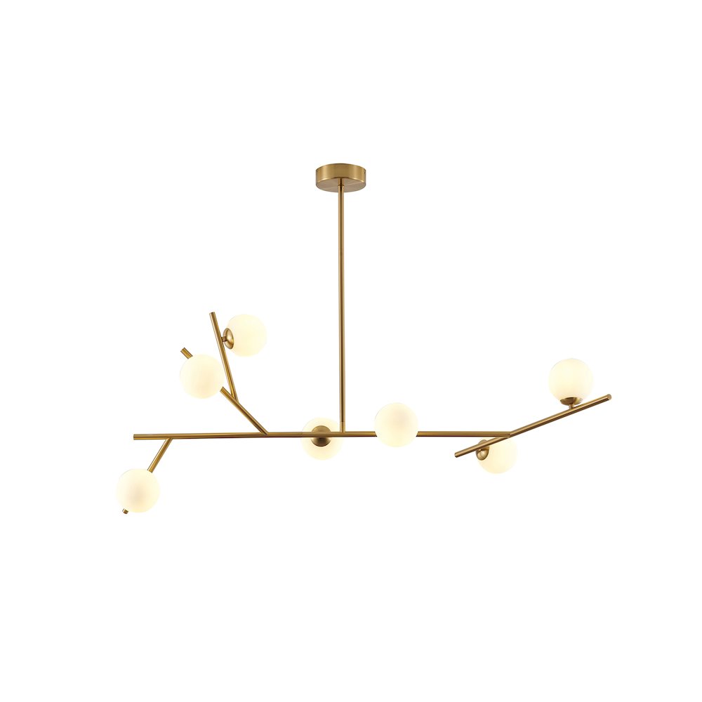 7-Light Brass Chandelier With White Glass Shades. Picture 1