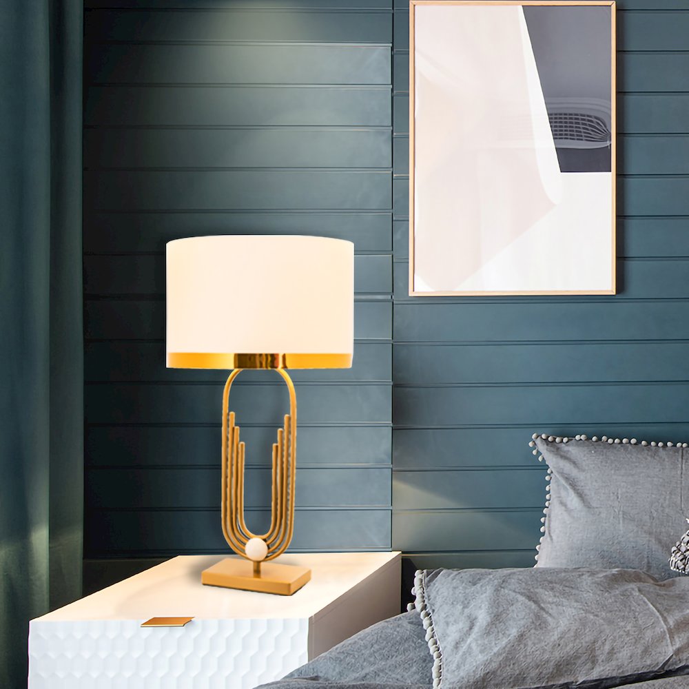 1-Light Gold Iron Table Lamp With A White Drum Shade. Picture 2