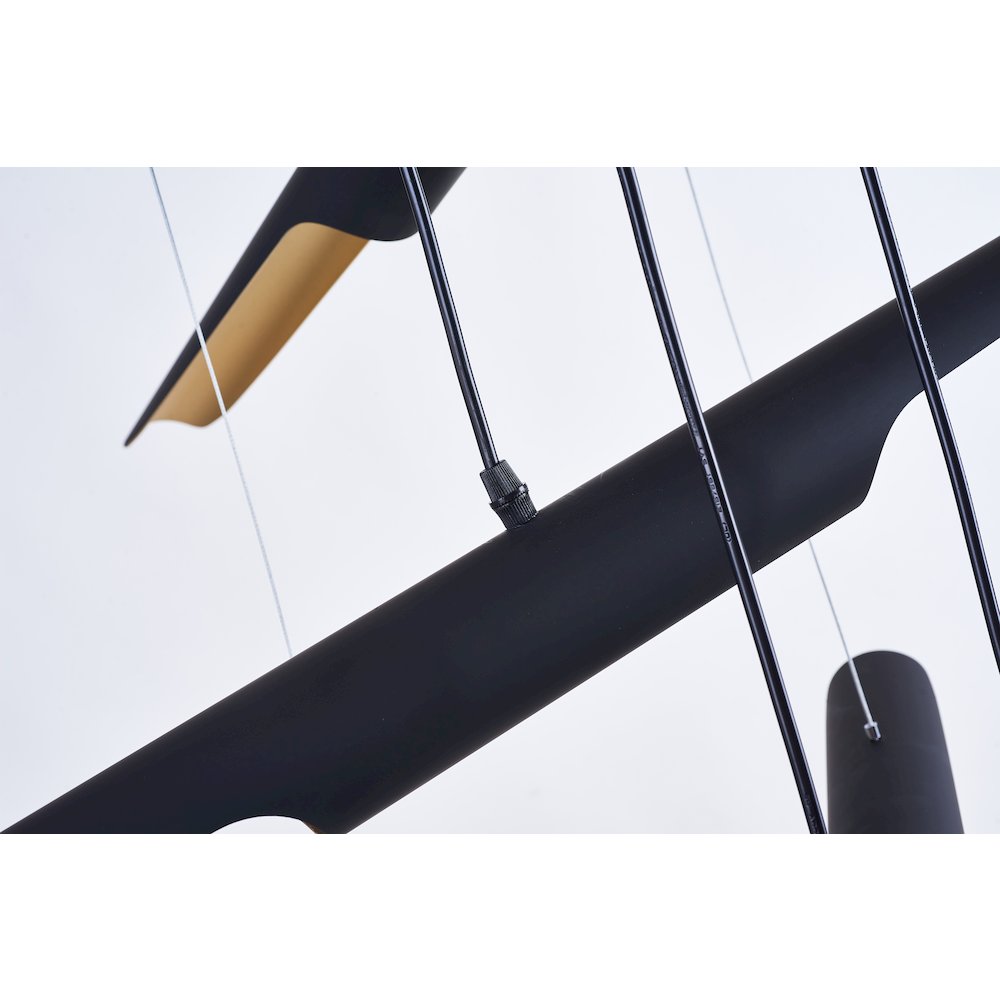 10-Light Matte Black Tubed Chandelier With Gold Interior. Picture 3
