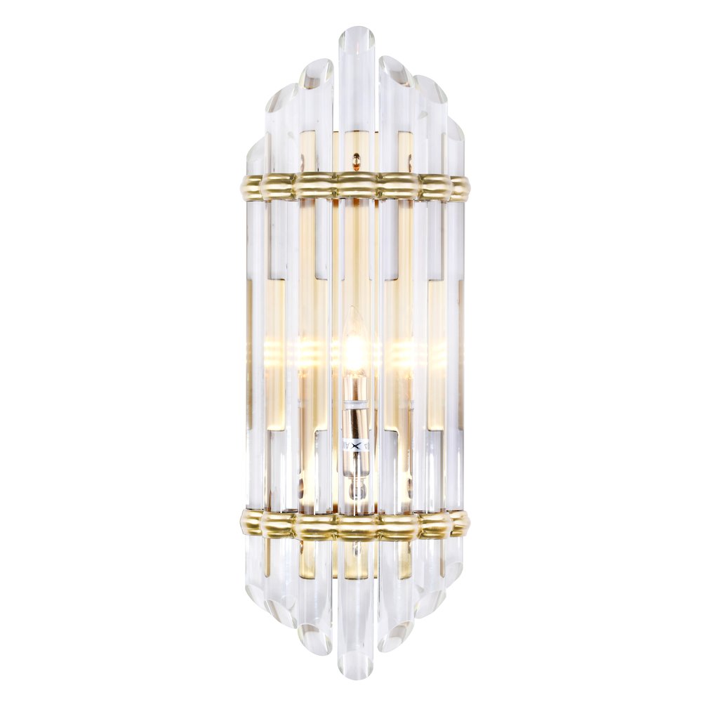 1-Light Antique Gold Metal Wall Sconce With A Clear Glass Rods. Picture 1