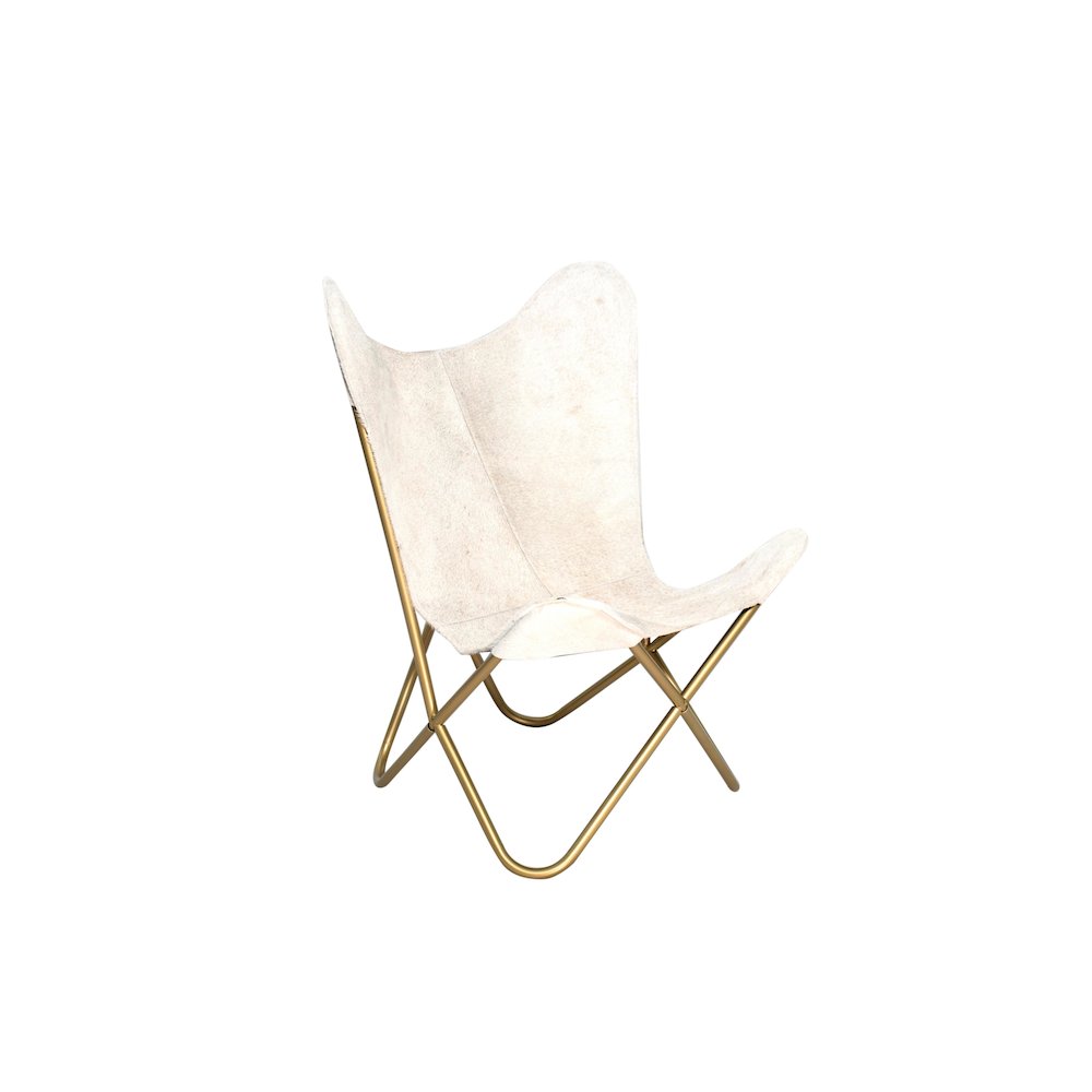 Gold Stainless Steel Chair With Grey And White Hairline Leather. Picture 1