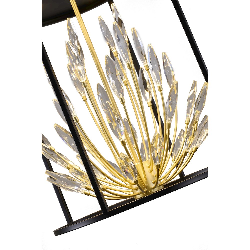 4-Light Matte Black Pendant With Gold Branches And Clear Crystals. Picture 3