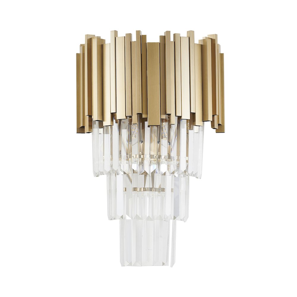 3-Light Brushed Gold Wall Sconce With Clear Hanging Crystals. Picture 2