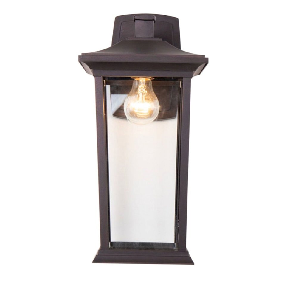 1-Light Bronze Metal Outdoor Wall Sconce With A Clear Glass Shade. Picture 1