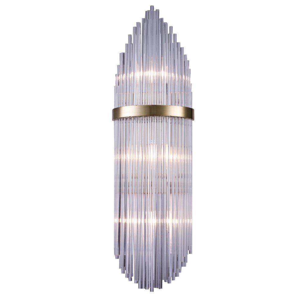 3-Light Antique Brass Metal Wall Sconce With Clear Glass Rods. Picture 1